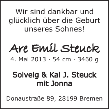 Babyanzeige von Are Emil Steuck von WESER-KURIER