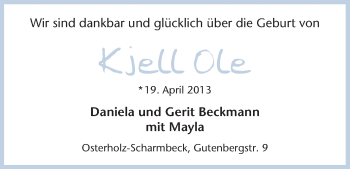 Babyanzeige von Kjell Ole Beckmann von WESER-KURIER