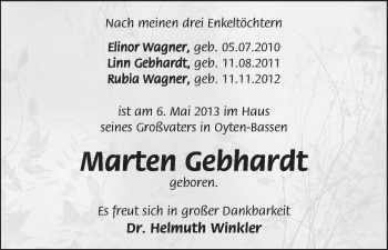 Babyanzeige von Marten Gebhardt von WESER-KURIER