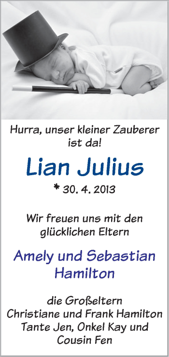 Babyanzeige von Lian Julius Hamilton von WESER-KURIER