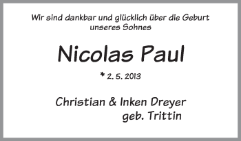 Babyanzeige von Nicolas Paul Dreyer von WESER-KURIER