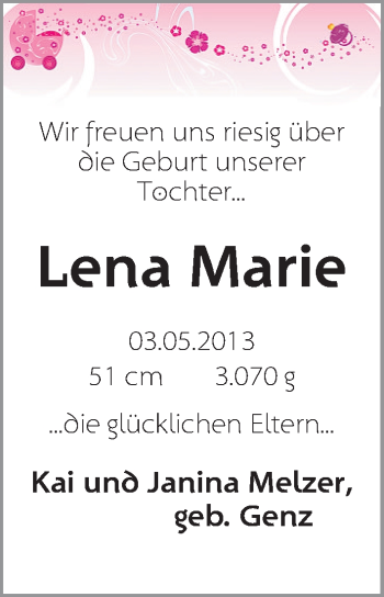 Babyanzeige von Lena Marie Melzer von WESER-KURIER
