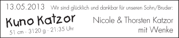 Babyanzeige von Kuno Katzor von WESER-KURIER