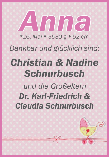 Babyanzeige von Anna Schnurbusch von WESER-KURIER