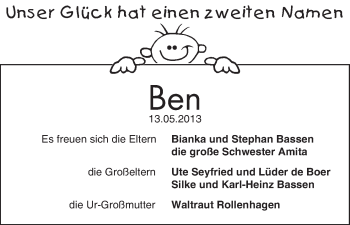 Babyanzeige von Ben Bassen von WESER-KURIER