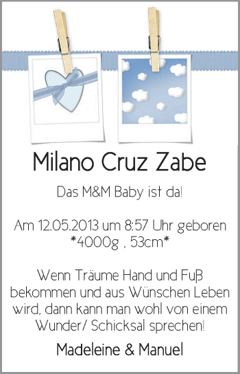 Babyanzeige von Milano Cruz Zabe von WESER-KURIER
