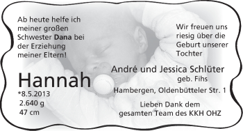 Babyanzeige von Hannah  von WESER-KURIER