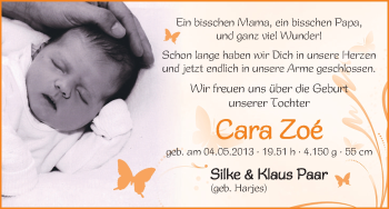 Babyanzeige von Cara Zoé  von WESER-KURIER