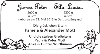 Babyanzeige von James Peter und Ella Louise Mott von WESER-KURIER