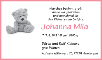 Babyanzeige von Johanna Mila Kleinert von WESER-KURIER