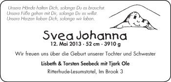 Babyanzeige von Svea Johanna Seebeck von WESER-KURIER
