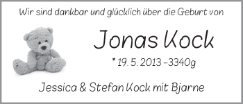 Babyanzeige von Jonas Kock von WESER-KURIER