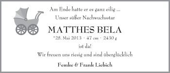 Babyanzeige von Matthes Bela Liebich von WESER-KURIER