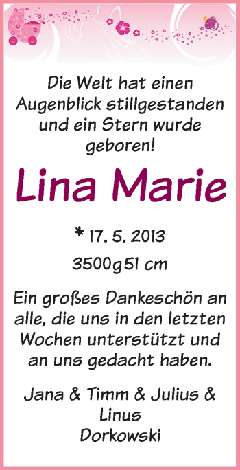 Babyanzeige von Lina Marie Dorkowski von WESER-KURIER