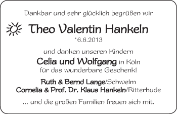 Babyanzeige von Theo Valentin  von WESER-KURIER