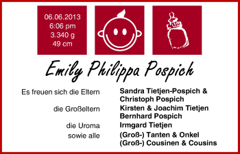 Babyanzeige von Emily Philippa Pospich von WESER-KURIER