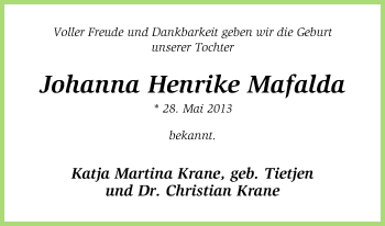 Babyanzeige von Johanna Henrike Mafalda Krane von WESER-KURIER