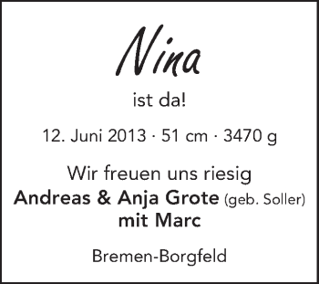 Babyanzeige von Nina Grote von WESER-KURIER