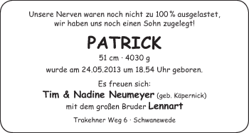 Babyanzeige von Patrick  von WESER-KURIER