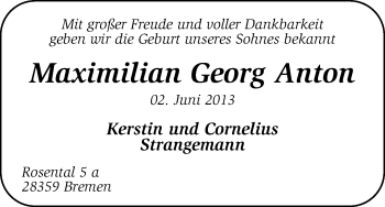 Babyanzeige von Maximilian Georg Anton Strangemann von WESER-KURIER