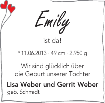 Babyanzeige von Emily Weber von WESER-KURIER