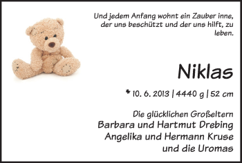Babyanzeige von Niklas  von WESER-KURIER