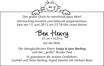 Babyanzeige von Ben Henry Berling von WESER-KURIER