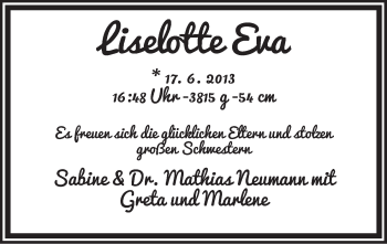 Babyanzeige von Liselotte Eva Neumann von WESER-KURIER