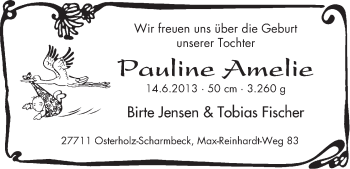 Babyanzeige von Pauline Amelie  von WESER-KURIER