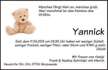 Babyanzeige von Yannick Schröder von WESER-KURIER