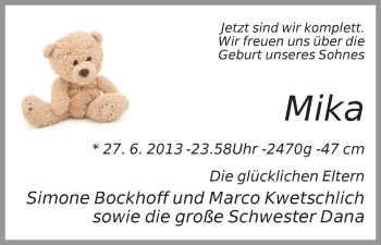 Babyanzeige von Mika  von WESER-KURIER