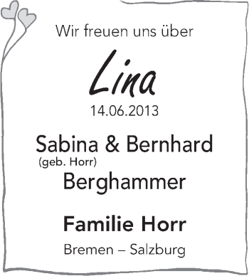 Babyanzeige von Lina Berghammer von WESER-KURIER