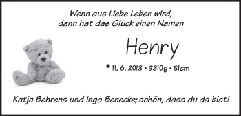 Babyanzeige von Henry  von WESER-KURIER