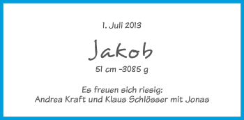 Babyanzeige von Jakob  von WESER-KURIER