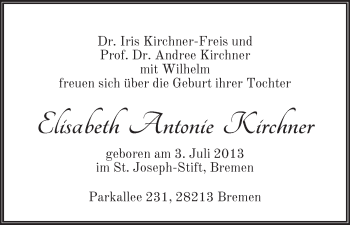 Babyanzeige von Elisabeth Antonie Kirchner von WESER-KURIER