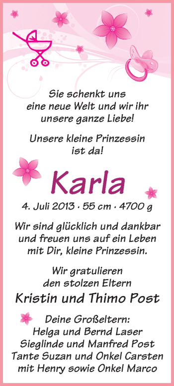 Babyanzeige von Karla  von WESER-KURIER