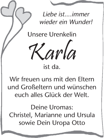Babyanzeige von Karla  von WESER-KURIER