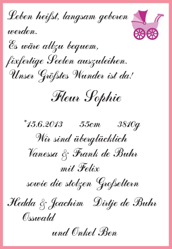 Babyanzeige von Fleur Sophie de Buhr von WESER-KURIER