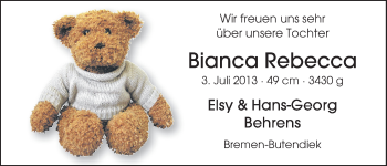 Babyanzeige von Bianca Rebecca  von WESER-KURIER