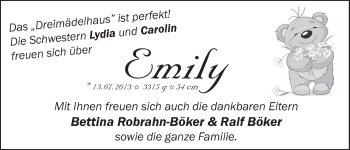 Babyanzeige von Emily  von WESER-KURIER