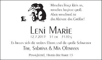 Babyanzeige von Leni Marie Oltmann von WESER-KURIER