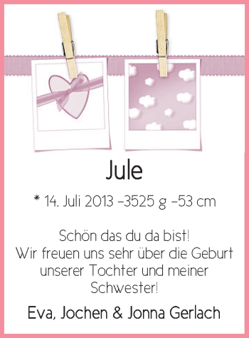 Babyanzeige von Jule Gelach von WESER-KURIER
