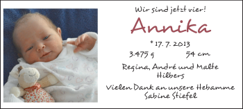Babyanzeige von Annika Hilbers von WESER-KURIER