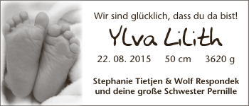 Babyanzeige von Ylva Lilith  von Wuemme Zeitung