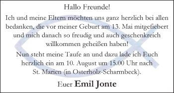 Babyanzeige von Emil Jonte von WESER-KURIER