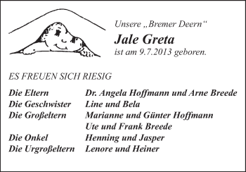 Babyanzeige von Jale Greta  von WESER-KURIER