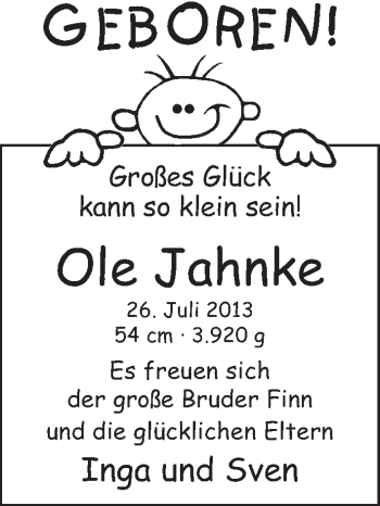 Babyanzeige von Ole Jahnke von WESER-KURIER