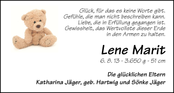 Babyanzeige von Lene Marit  von WESER-KURIER