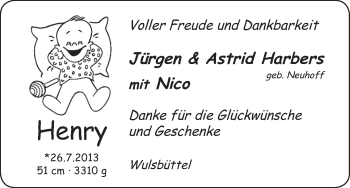 Babyanzeige von Henry Harbers von WESER-KURIER