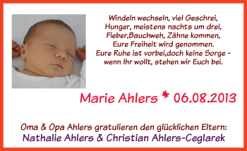 Babyanzeige von Marie Ahlers von WESER-KURIER
